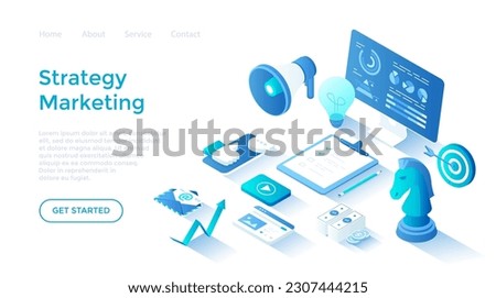 Marketing Strategy. Start up, achieving company goals, business success. Business planning, organization, analytics. Isometric illustration. Landing page template for web on white background.