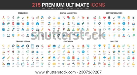 Marketing strategy success, business and design color flat icons set vector illustration. Abstract symbols of creative content creation, education and freelance simple design for mobile and web apps