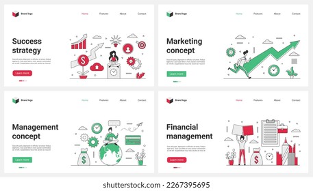 Marketing strategy success and profit growth, financial management and improvement set vector illustration. Cartoon tiny people run after graph arrow up of market sales, direction to increase income