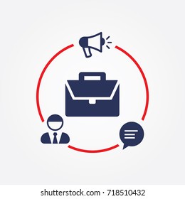 Marketing Strategy Symbol Vector Icon Marketer Flat. Digital Marketing, Chat, Businessman Sign