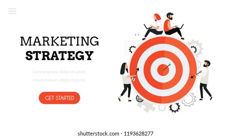 Marketing strategy. Target with an arrow. Goal achievement.  Flat vector illustration for web  design. Modern flat design concept  with cute young woman and man at work.Landing page template.