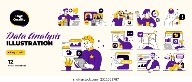 Marketing strategy, targeting, business communication concept. Ideas, data analysis, digital content, project research, ad campaign set. Flat graphic vector illustrations