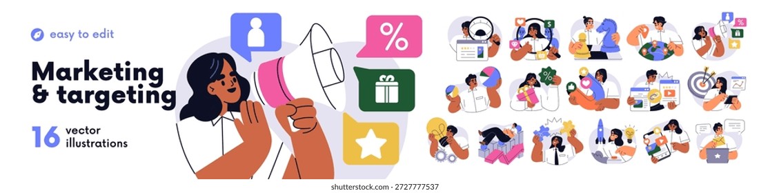 Marketing strategy, targeting concept set. Data analysis, project research, business communication. Ideas, digital content, ad campaign. Flat graphic vector illustrations isolated on white background.