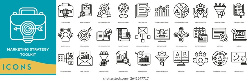 Marketing Strategy Toolkit icon set. Strategy Plan, Market Research, Customer Targeting, Brand Positioning, SWOT Analysis, Competitor Benchmark and Audience Segmentation