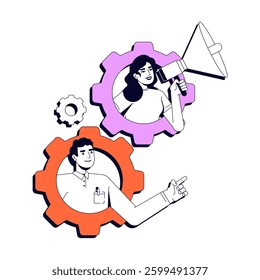 Marketing strategy vector illustration concept. Businesswoman with megaphone, businessman pointing inside interconnected gears stylized cartoon characters isolated on white. Flat 2D line art