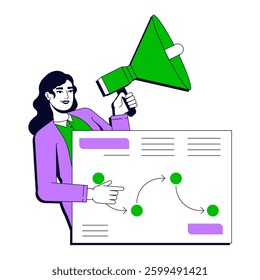 Marketing strategy vector illustration concept. Advertising plan. Businesswoman holding megaphone, pointing at workflow diagram stylized cartoon character isolated on white. Flat 2D line art