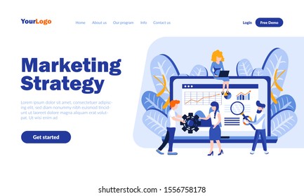 Marketing strategy vector landing page template with header. Market expansion, product promotion web banner, homepage design with flat illustrations. Business development, e-commerce concept