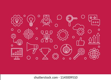 Marketing Strategy vector minimal horizontal banner or illustration in thin line style on red background