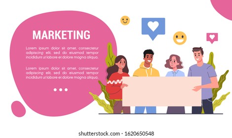 Marketing strategy web banner concept. Advertising and marketing concept. Communication with customer. SEO and communucation through media. Advert and social media banner. Vector illustration