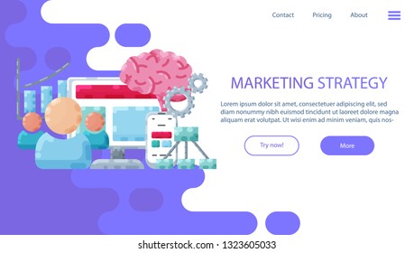 Marketing strategy website banner. For business management landing page, promotion icons, social media, Digital marketing model planning poster concept template.  Web symbols outline flat