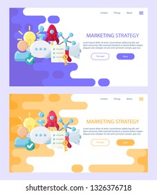 Marketing strategy website banner. For business management landing page, promotion icons, social media, Digital marketing model planning poster concept template.  Web symbols outline flat