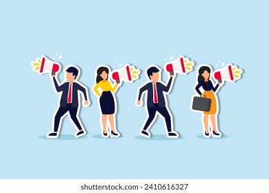 Marketing strategy, word of mouth people tell friend about good product and service, vebally tell story or communication concept, people using megaphone to tell story to their friends.