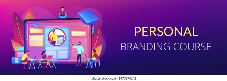 Marketing students create corporate identity. Personal branding course, strategic self-marketing education, personal branding online courses concept. Header or footer banner template with copy space.