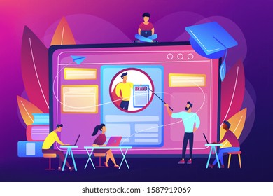 Marketing students create corporate identity. Personal branding course, strategic self-marketing education, personal branding online courses concept. Bright vibrant violet vector isolated illustration