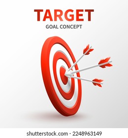 Marketing success concept. Targeting the business. Realistic 3d design red target and arrow in center. Game of darts. Vector banner design. Business finance, goal of success, target achievement.