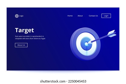 Marketing success concept. Targeting the business. Realistic 3d design target and arrow in center. Game of darts. Vector web landing page banner design. Business finance, goal, target achievement.