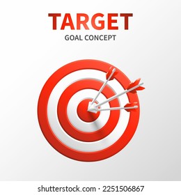 Marketing success concept. Targeting the business. Realistic 3d design red target and arrow in center. Game of darts. Vector social media banner design. Business finance, goal, target achievement.