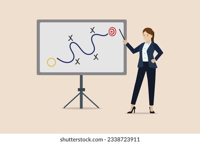 Marketing tactic or winning strategy to achieve target, project blocker and solution being success concept, smart businesswoman presenting business strategy on blackboard.