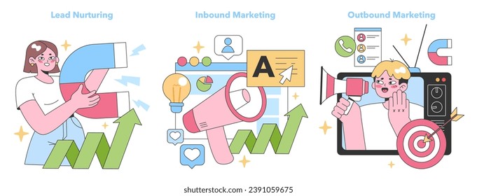 Marketing Tactics set. Demonstrating lead nurturing, inbound, and outbound strategies. Woman with pie chart, website elements, and man targeting audience. Flat vector illustration