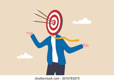 Marketing target audience for advertising, head hunter for job and career recruitment, targeting customer or prospect concept, businessman archery target head and 3 arrows hit bullseye accurately.