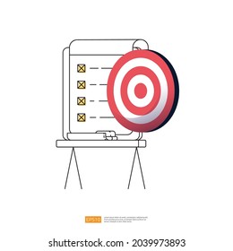 marketing target and goal concept with whiteboard and dartboard vector illustration. vision mission strategy