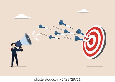Marketing target strategy, leadership or skill to reach target, challenge or accuracy concept, businessman controlling arrow to hit target on target.