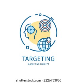 El concepto de icono de línea delgada para marketing incluye el objetivo con flecha y el globo con clavija. Ilustración del vector