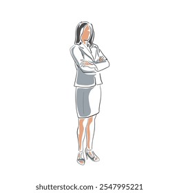 Marketing, teaching, business woman or teacher standing in formal clothes with her arms folded. Isolated vector line art hand drawn illustration