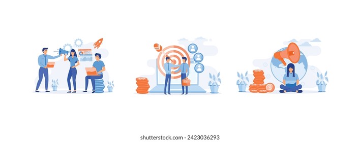 Marketing team. Advertising business. Professional marketers service. Business marketing set flat vector modern illustration 