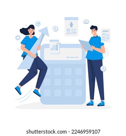 Marketing team calculating profit growth flat design