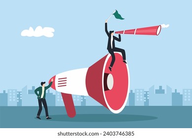 marketing team collaboration. work together in the spirit of helping each other. a group of people and a megaphone.