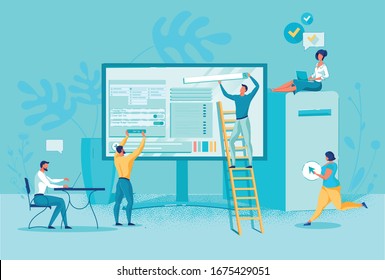 Marketing Team Creating Corporate Guidance for Franchising Companies. Brand License Work and Franchise. Business People Characters on Giant Computer Monitor Background. Flat Vector Illustration.