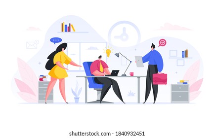 Marketing team is developing new business project vector concept. Male characters discuss new idea of financial innovation. Female consultant provides valuable advice on corporate development