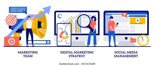 Marketing team, digital marketing strategy, social media management concept with tiny people. Campaign strategy development abstract vector illustration set. SMM, brand insight, online channels.