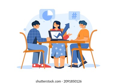 Marketing Team Discussing Market Trends In Meeting Illustration Concept. Flat Illustration Isolated On White Background.