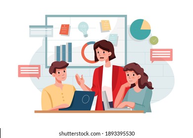 Marketing team discussing marketing strategy Vector Illustration concept. Flat illustration isolated on white background.