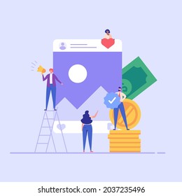 Marketing team earning money online in social media. Bloggers monetizes blog and shares post. Concept of blog monetization, earn money online, SMM team. Vector illustration in flat for web UI design