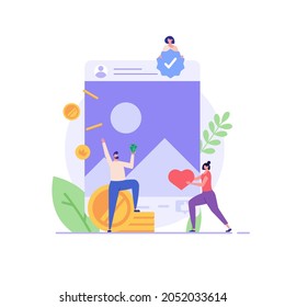 Marketing team earning money online in social media. Bloggers monetizes blog and shares post. Concept of blog monetization, earn money online, SMM team. Vector illustration in flat for web UI design