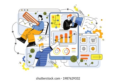 The marketing team interacts with the elements on the display of a huge mobile phone. The guy points to the graph and monitors the growth of indicators. people with information charts and statistics.