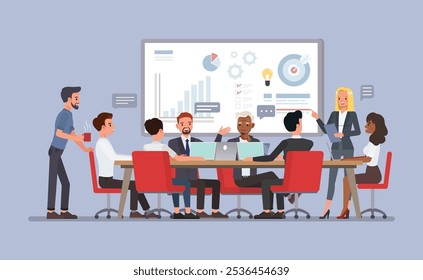 Marketing team in a meeting room concept. Business people character vector illustration design.
