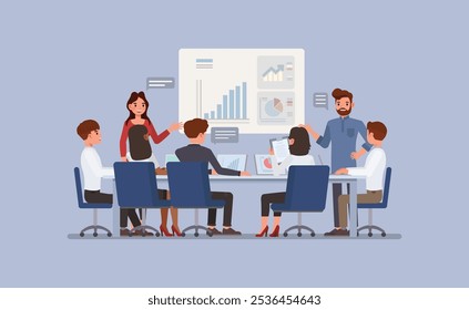 Marketing team in a meeting room concept. Business people character vector illustration design.
