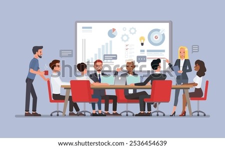 Marketing team in a meeting room concept. Business people character vector illustration design.
