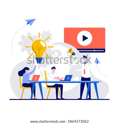 Marketing team metrics, marketing team lead and responsibilities concept with tiny character. Digital marketing team with laptops and light bulb. Customer attraction, social media promotion.