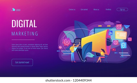 Marketing team work and huge megaphone with media icons. Marketing and branding, billboard and ad, marketing strategies concept on white background. Website vibrant violet landing web page template.