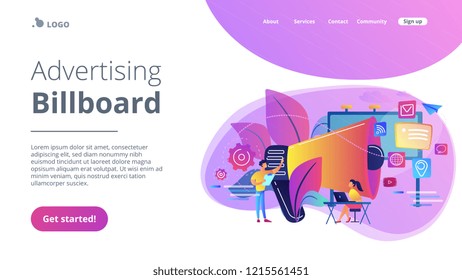 Marketing team work and huge megaphone with media icons. Marketing and branding, billboard and ad, marketing strategies concept on white background. Website vibrant violet landing web page template.