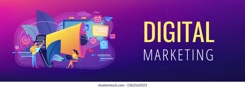 Marketing team work and huge megaphone with media icons. Marketing and branding, billboard and ad, marketing strategies concept on white background. Header or footer banner template with copy space.