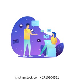 Marketing team work and megaphone with media icons. Marketing and branding, ad, marketing strategies concept on white background. Website vibrant violet landing web page template.