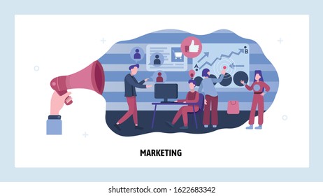 Marketing team work on business strategy. People work in office, teamwork communication. Vector web site design template. Landing page website concept illustration