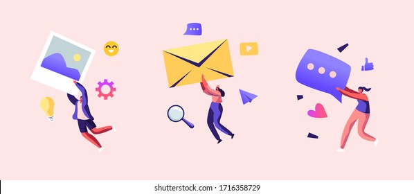 Marketing Team Work Set. Alert Advertising, Propaganda, Speech Bubbles and Social Media Icons. Public Relations and Affairs, Communication, Pr Agency Promotion. Cartoon People Vector Illustration