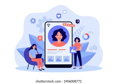 Marketing team working on personal brand, creating corporate identity, advertising profile or web site of female professional. Flat vector illustration for web presence, online identity concept